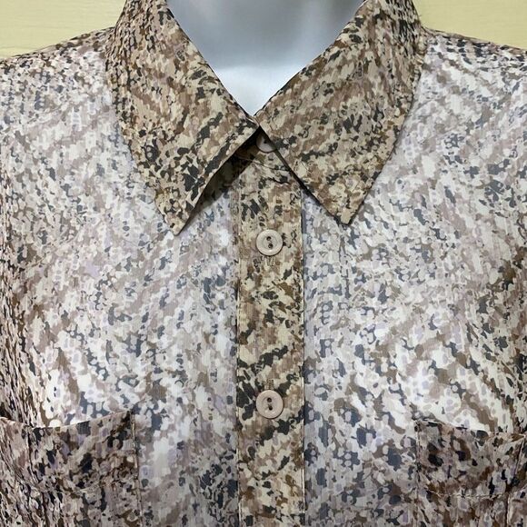 Sheer Chiffon Animal Print Button Up Blouse Elastic Waist Flowy Casual Office - Picture 2 of 11